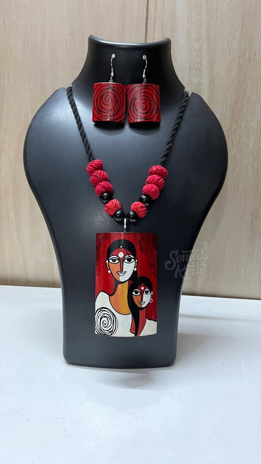 Hand-painted Bamboo Necklace set- Two girls on red background