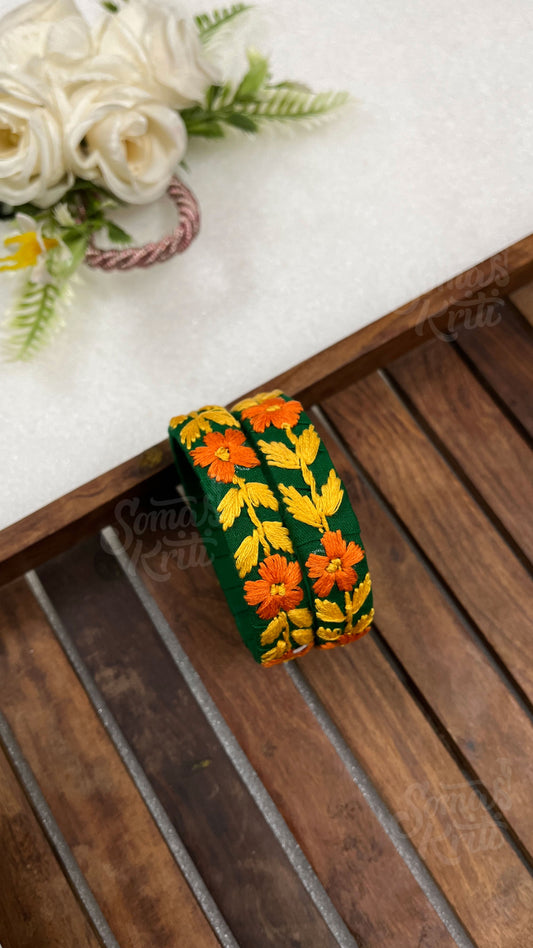 Hand Embroidered Bangle- Green base fabric