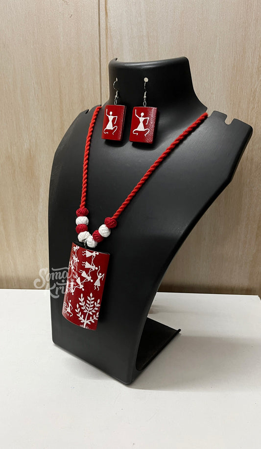 Hand-painted Bamboo Necklace set- Warli Art on Red base