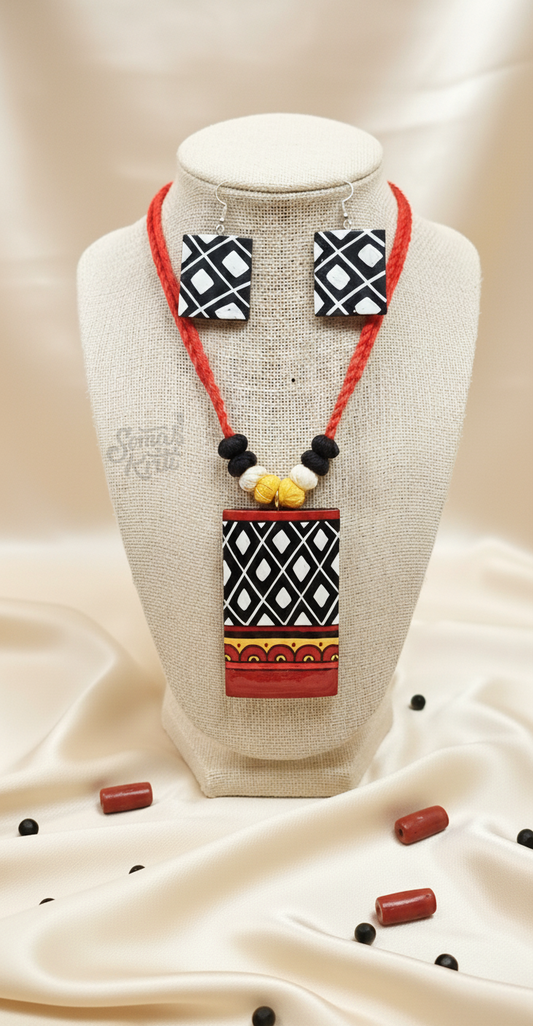 Hand-painted Bamboo Necklace set- B/W check with red pattern