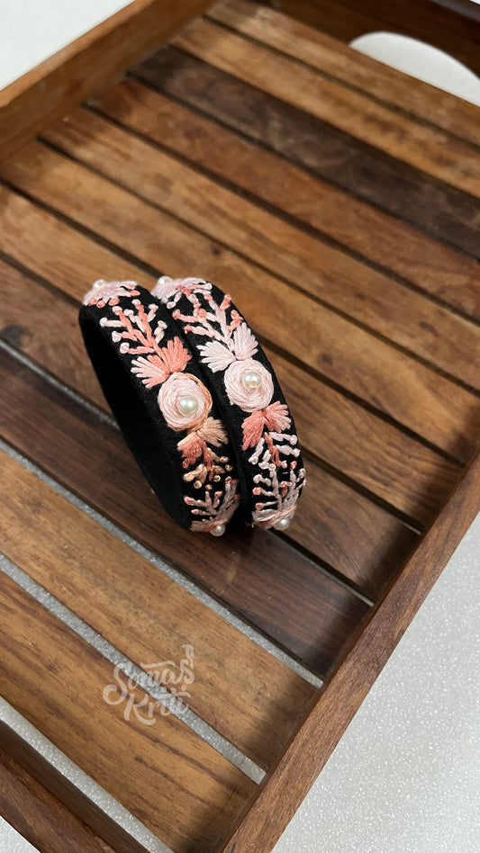 Hand Embroidered Bangle- Black Fabric base