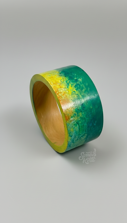Hand-painted wooden kada- 4 cm- Green yellow shades painting