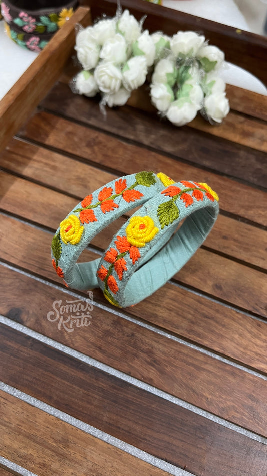 Hand Embroidered Bangle- Light Seafoam Green base fabric