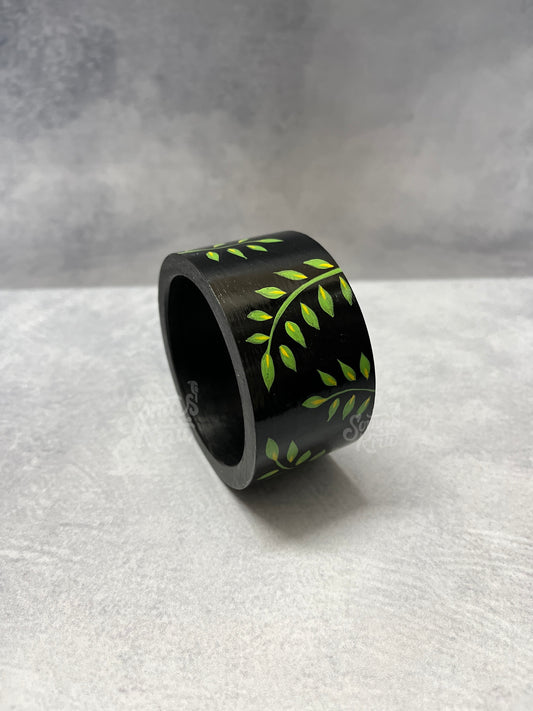 Hand-painted Wooden Kada- 4 cm- Green Leaves on Black base