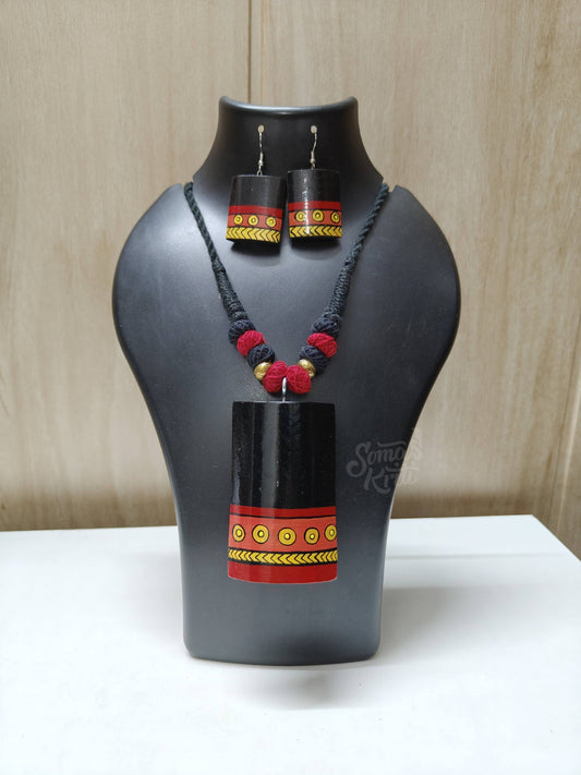 Hand-painted Bamboo Necklace set- Fabric pattern on black