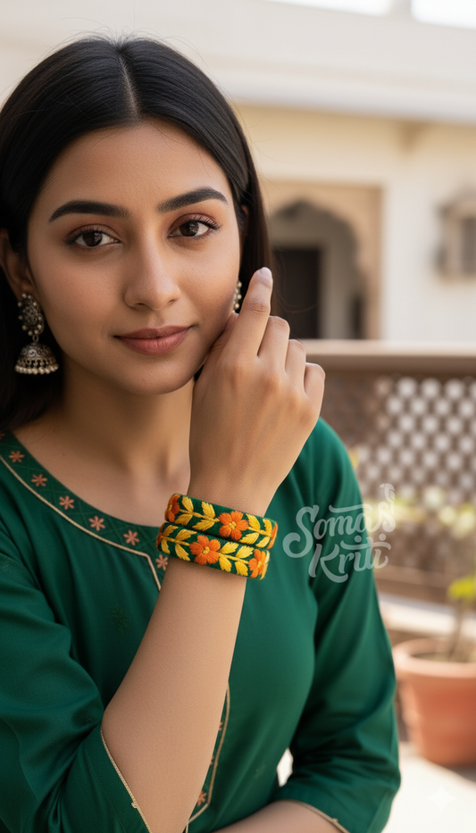 Hand Embroidered Bangle- Green base fabric