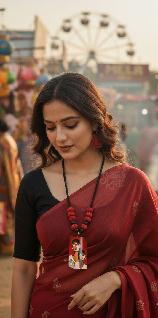 Hand-painted Bamboo Necklace set- Two girls on red background