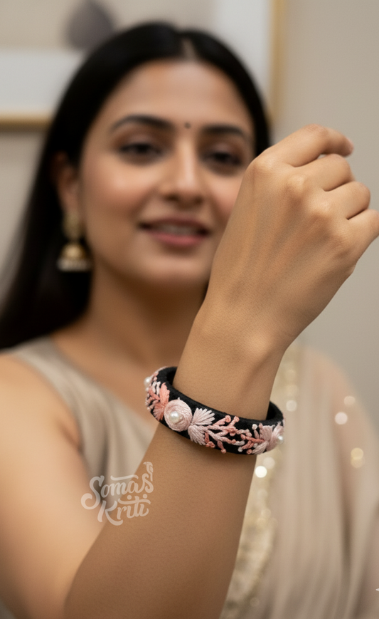 Hand Embroidered Bangle- Black Fabric base