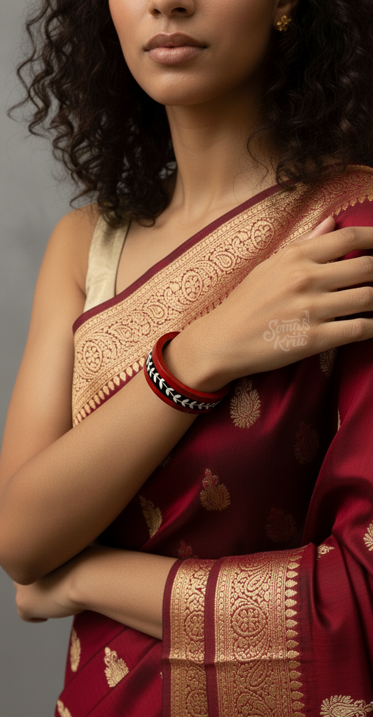 Hand-painted wooden kada- 2 cm  Black White Warli on Maroon base