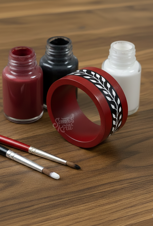 Hand-painted Wooden Kada- 4 cm- Black White Warli on Maroon base