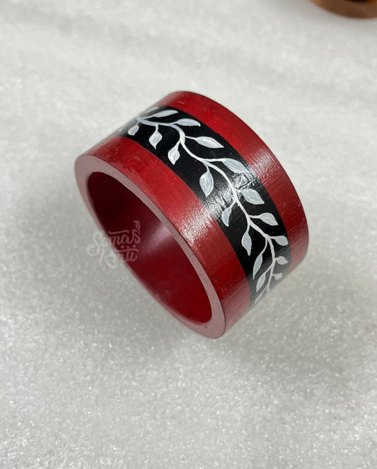 Hand-painted Wooden Kada- 4 cm- Black White Warli on Maroon base