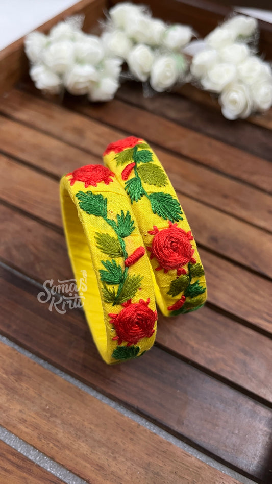 Hand Embroidered Bangle- Yellow fabric base