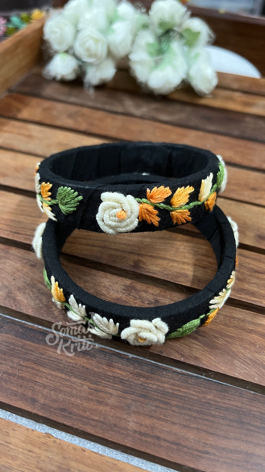 Hand Embroidered Bangle- Dark Blue Fabric base
