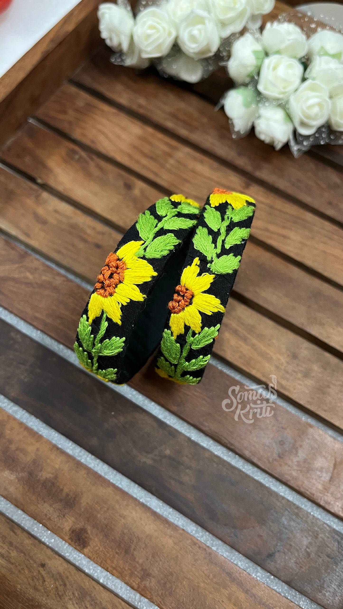 Hand Embroidered Bangle- Black Fabric base