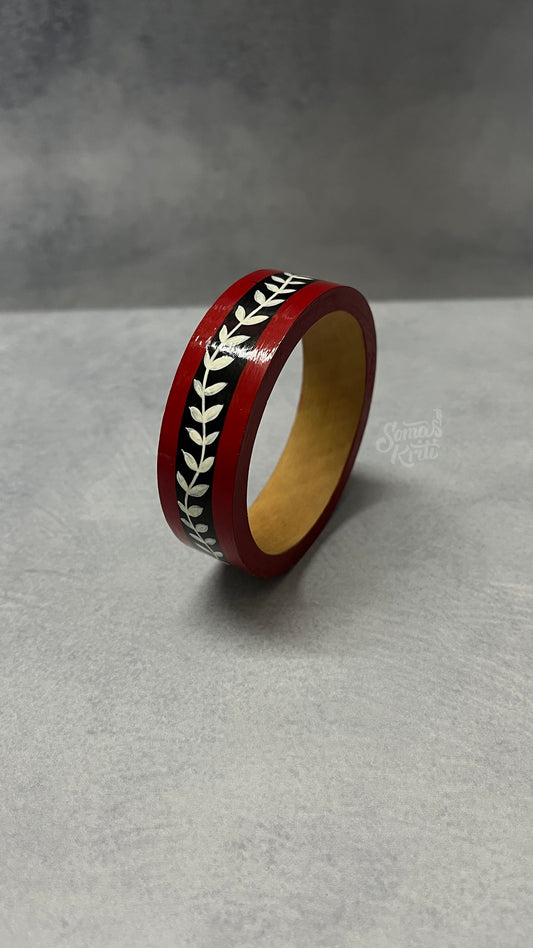 Hand-painted wooden kada- 2 cm  Black White Warli on Maroon base